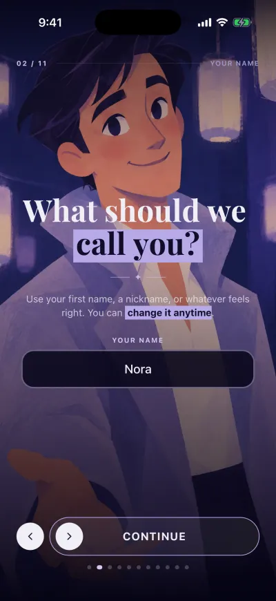 The name screen: a box for your first name and the Continue button at the bottom.