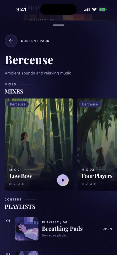 A content pack page: its name, a short description, and its mixes and playlists.