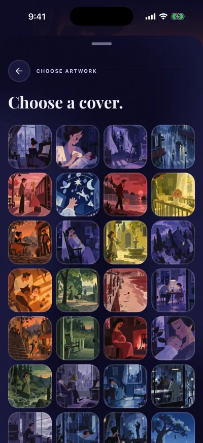 Choose a cover: a grid of painted pictures for your mix.