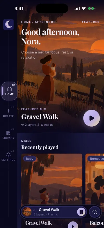 Home with a mix playing: the long bar at the bottom shows the cover, the mix name, 2 layers playing, a pause button and the magnifying glass.