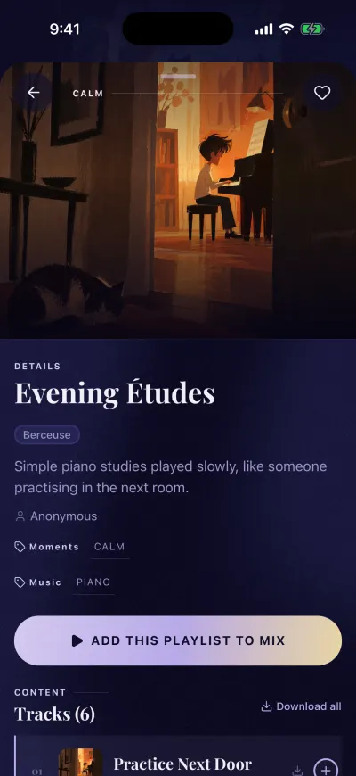 A playlist page: the cover, the name, the Add this playlist to mix button and the tracks.