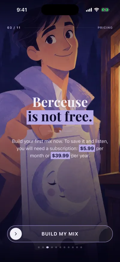 The onboarding page about the price: three days free, then the monthly and yearly prices, and the Continue button.