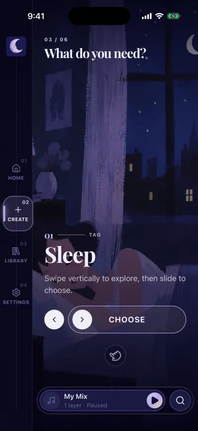 The step What do you need, with one card on screen: Sleep, and the Choose button under it.