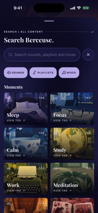 Search Berceuse before typing: the search box, the Sounds, Playlists and Mixes filters, and the Moments.