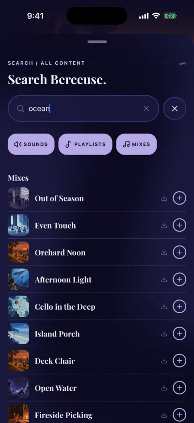 Search results for ocean: mixes, each with a download arrow and a +.
