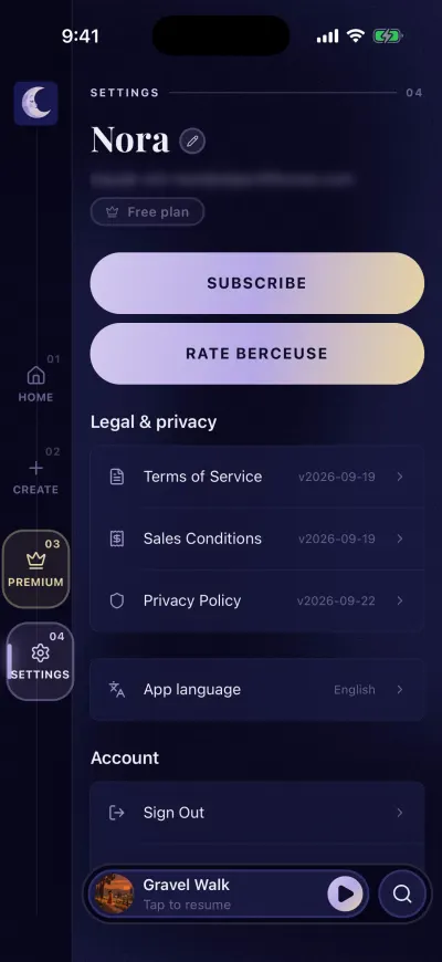 Berceuse Settings at the top: your name with a pencil, your email, your plan, and the big buttons under it.