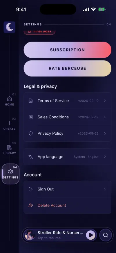 Berceuse Settings scrolled down: the legal documents, App language, then Account with Sign Out and Delete Account.