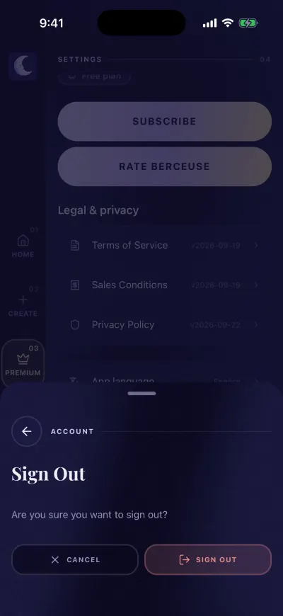 The Sign Out panel at the bottom of the screen, with Cancel and Sign Out buttons.