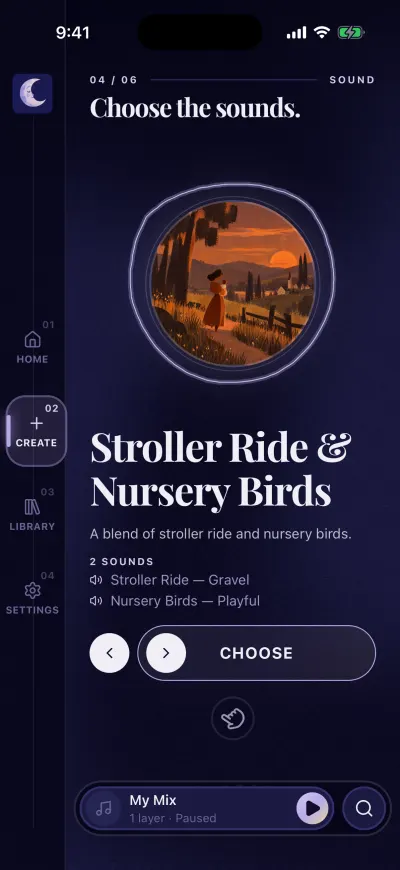 The step Choose the sounds: a round picture, the name of the blend, the two sounds in it, and the Choose button.