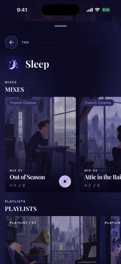 The Sleep page: a row of mixes and, under it, playlists.