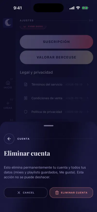 La ventana Eliminar cuenta: borra tu cuenta y todos tus datos, con los botones Cancelar y Eliminar cuenta.