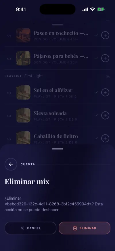 La ventana Eliminar mix con los botones Cancelar y Eliminar.