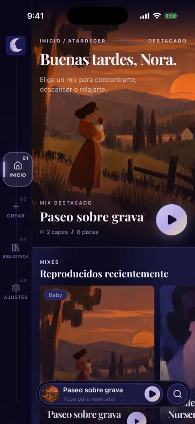 Inicio de Berceuse: Buenas tardes con tu nombre, el mix destacado con su botón redondo de reproducir y Reproducidos recientemente. La barra de la izquierda tiene Inicio, Crear, Biblioteca y Ajustes.