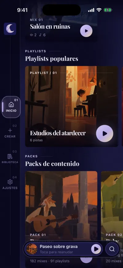 Inicio desplazado hasta Playlists populares, con una tarjeta de playlist y su botón redondo de reproducir, y debajo Packs de contenido.