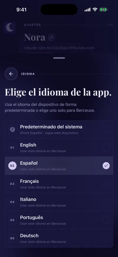 Elige el idioma de la app: Predeterminado del sistema, y luego English, Español, Français, Italiano, Português y Deutsch.