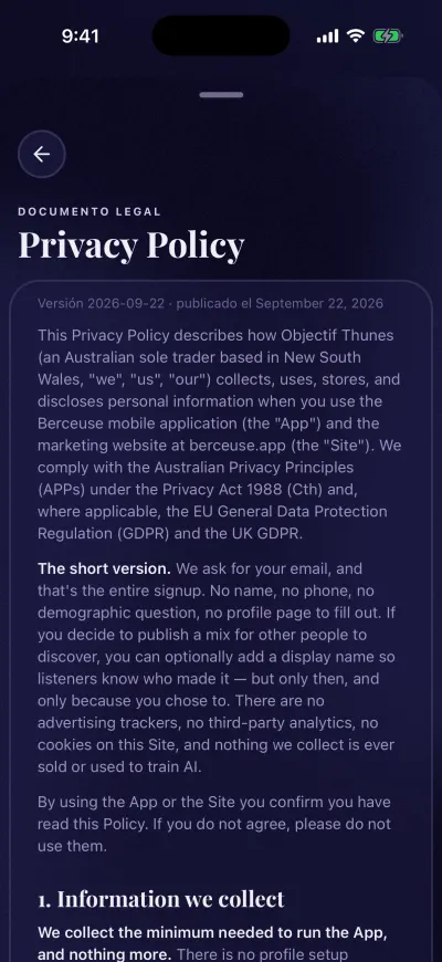 La Política de privacidad abierta en Berceuse, con su versión y su fecha arriba.