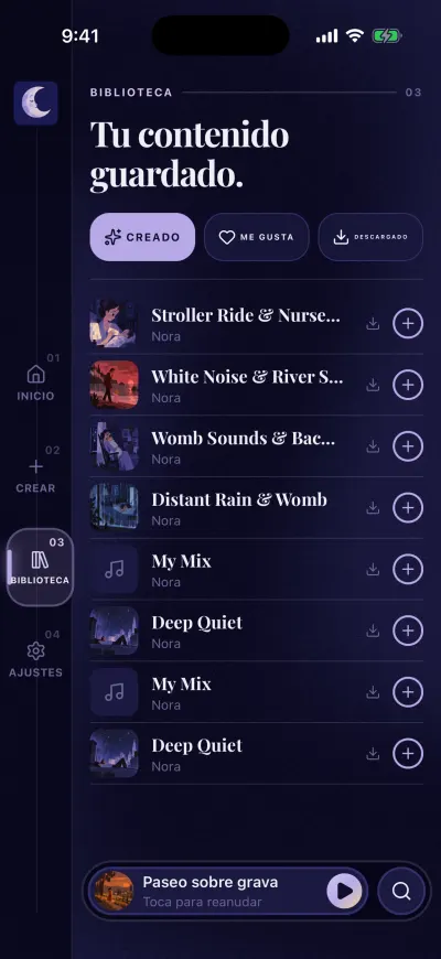 La Biblioteca en Creado: tus mixes guardados, cada uno con una flecha de descarga y un +.