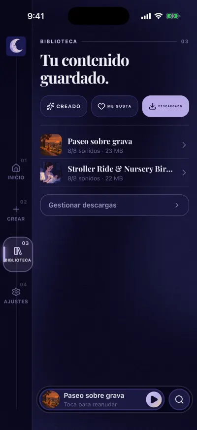 La Biblioteca en Descargado: dos mixes descargados con su tamaño y el botón Gestionar descargas.
