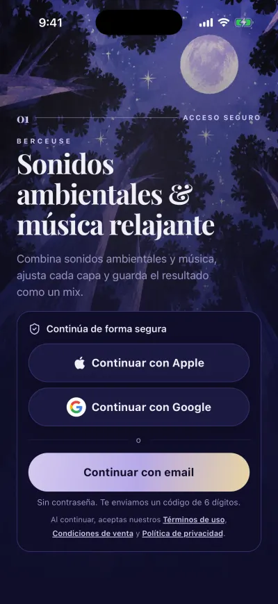La pantalla de inicio de sesión de Berceuse con Continuar con Apple, Continuar con Google y Continuar con email.
