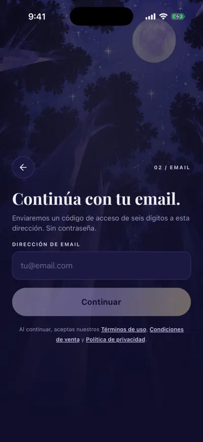 El paso del email: un recuadro para tu dirección de email y el botón Continuar.