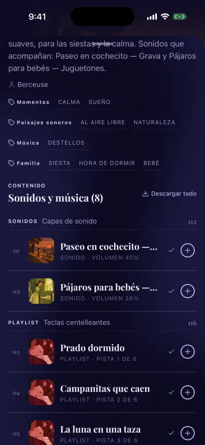 La página de un mix desplazada hasta Sonidos y música, con Descargar todo a la derecha.