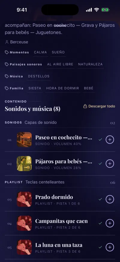 La página de un mix sin suscripción, con marca en los sonidos que necesitan suscripción.