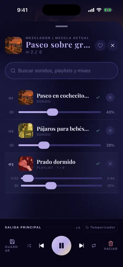 El mezclador: el nombre del mix arriba, un recuadro de búsqueda, cada sonido con su propia barra de volumen, y abajo los controles con Guardar, reproducir y Vaciar.