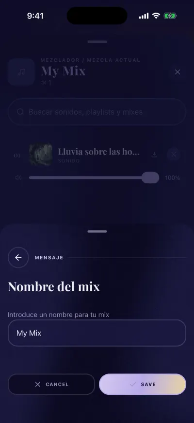 La ventana Nombre del mix sobre el mezclador: un recuadro con My Mix y los botones Cancelar y Guardar.