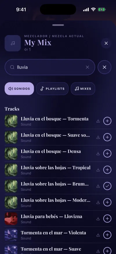 La búsqueda del mezclador para rain, solo en Sonidos: un sonido tiene una marca y los otros tienen un +.