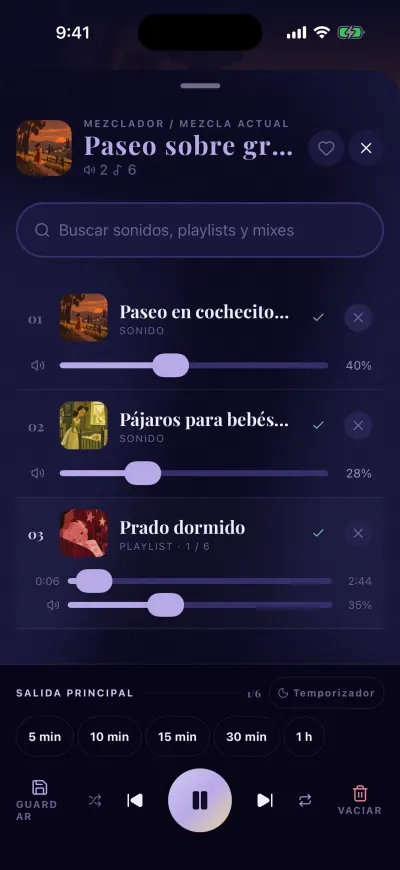 El mezclador con el temporizador abierto: 5 min, 10 min, 15 min, 30 min y 1 h sobre los controles.