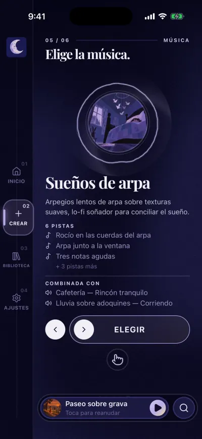 El paso Elige la música: una playlist con sus primeras pistas, los sonidos con los que va y el botón Elegir.