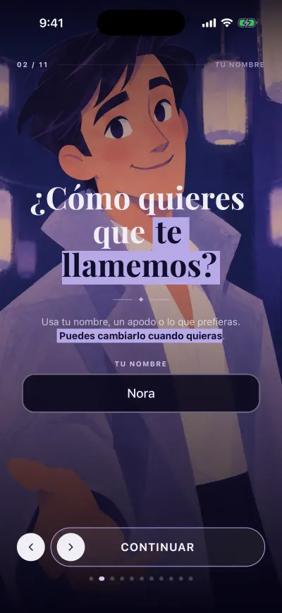 La pantalla del nombre: un recuadro para tu nombre y el botón Continuar abajo.