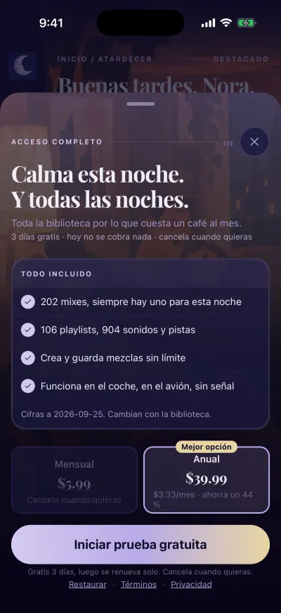 La pantalla de suscripción de Berceuse: tres días gratis, los planes mensual y anual, y el botón grande de abajo.