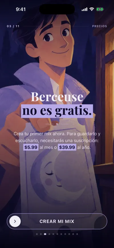 La página de bienvenida sobre el precio: tres días gratis, luego los precios mensual y anual, y el botón Continuar.