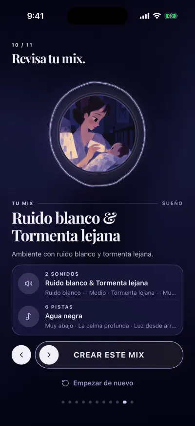 El paso Revisa tu mix: tus sonidos y tu música, el botón Crear este mix y debajo Empezar de nuevo.