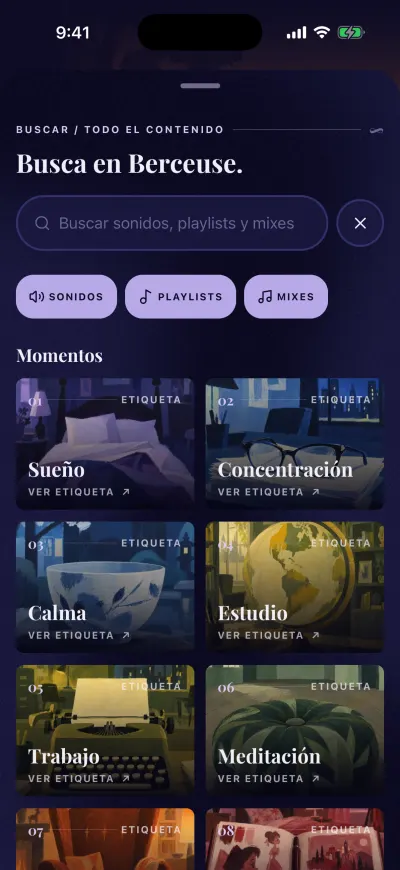 Busca en Berceuse antes de escribir: el recuadro de búsqueda, los filtros Sonidos, Playlists y Mixes, y los Momentos.