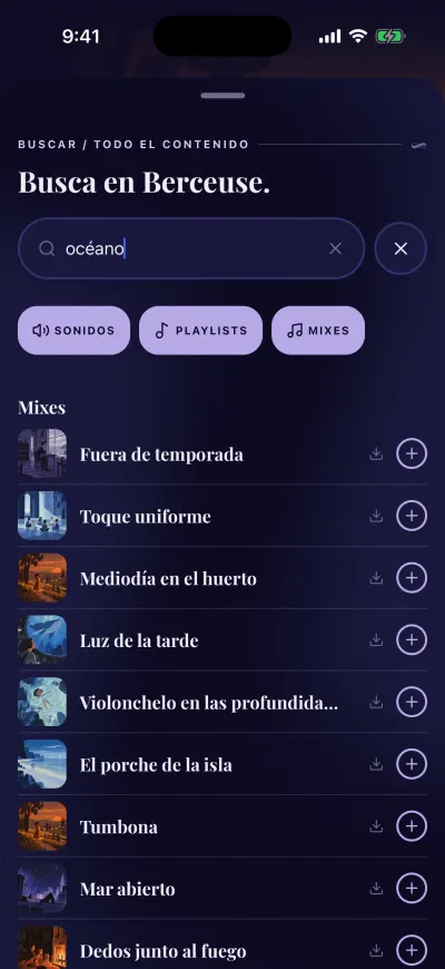 Resultados de búsqueda de ocean: mixes, cada uno con una flecha de descarga y un +.