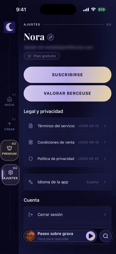 Ajustes de Berceuse, arriba: tu nombre con un lápiz, tu email, tu plan y debajo los botones grandes.