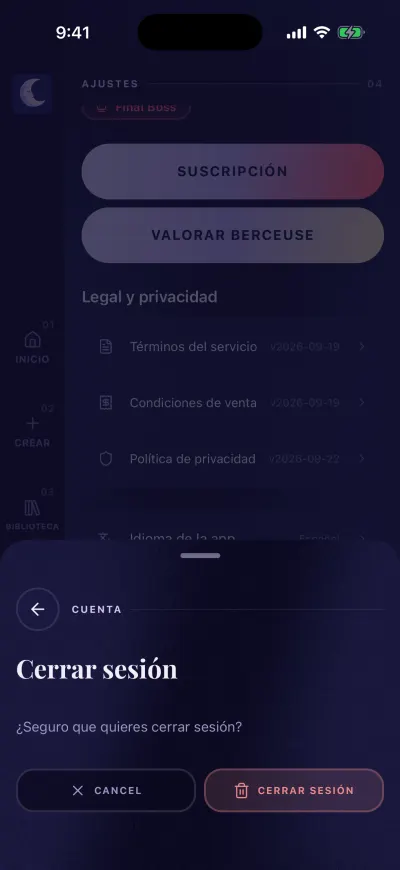 El panel Cerrar sesión abajo en la pantalla, con los botones Cancelar y Cerrar sesión.