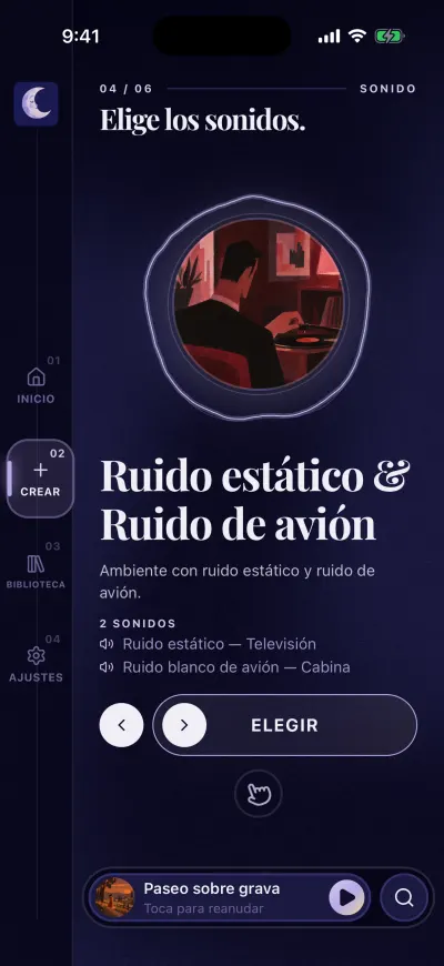 El paso Elige los sonidos: una imagen redonda, el nombre de la mezcla, los dos sonidos que lleva y el botón Elegir.