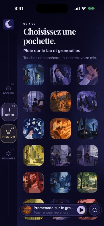 L’étape Choisissez une pochette : une grille d’images peintes.
