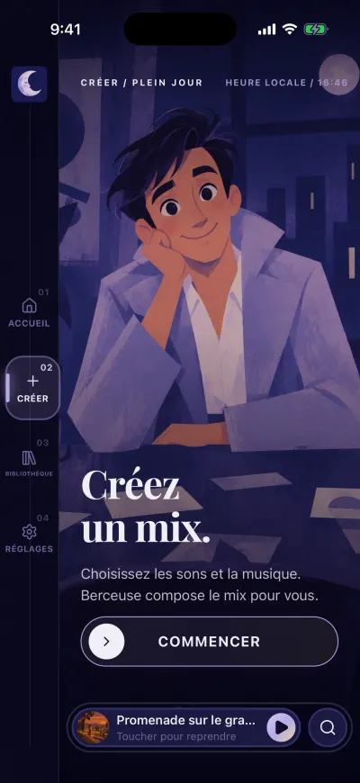 L’onglet Créer : Créer un mix, une courte ligne, et le bouton Commencer en bas.
