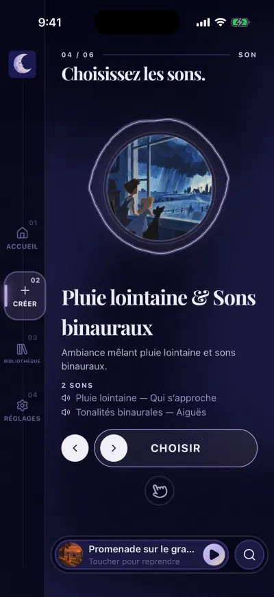L’étape Choisissez les sons : une image ronde, le nom du mélange, les deux sons qu’il contient, et le bouton Choisir.