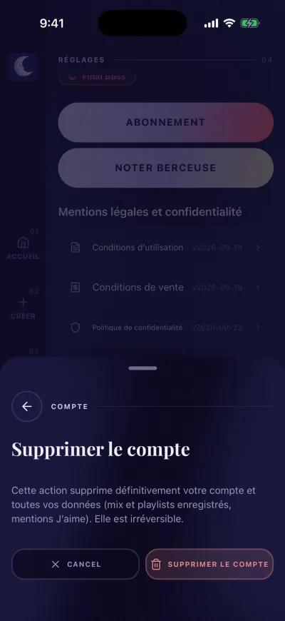 La fenêtre Supprimer le compte : elle supprime votre compte et toutes vos données, avec les boutons Annuler et Supprimer le compte.