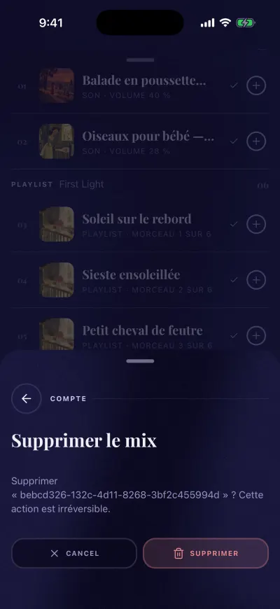 La fenêtre Supprimer le mix avec les boutons Annuler et Supprimer.