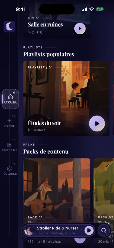 L’Accueil défilé jusqu’à Playlists populaires, avec une carte de playlist et son bouton de lecture rond, puis Packs de contenu dessous.