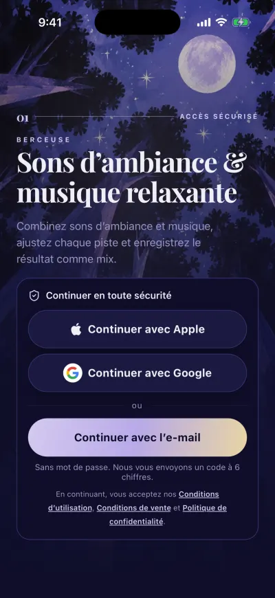 L’écran de connexion de Berceuse avec Continuer avec Apple, Continuer avec Google et Continuer avec l’e-mail.