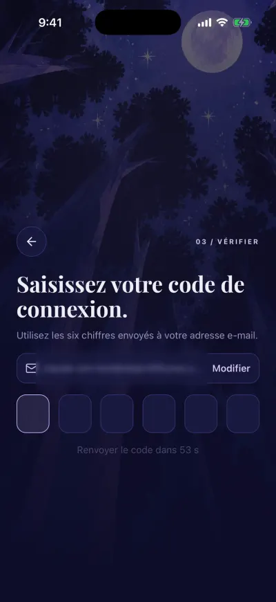 L’étape du code : six cases pour le code reçu par e-mail, le compte à rebours et Renvoyer le code dessous.