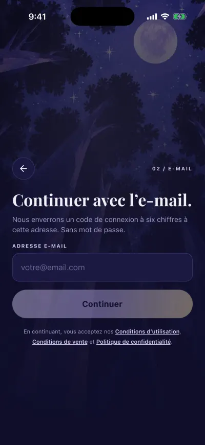 L’étape de l’e-mail : une case pour votre adresse e-mail et le bouton Continuer.