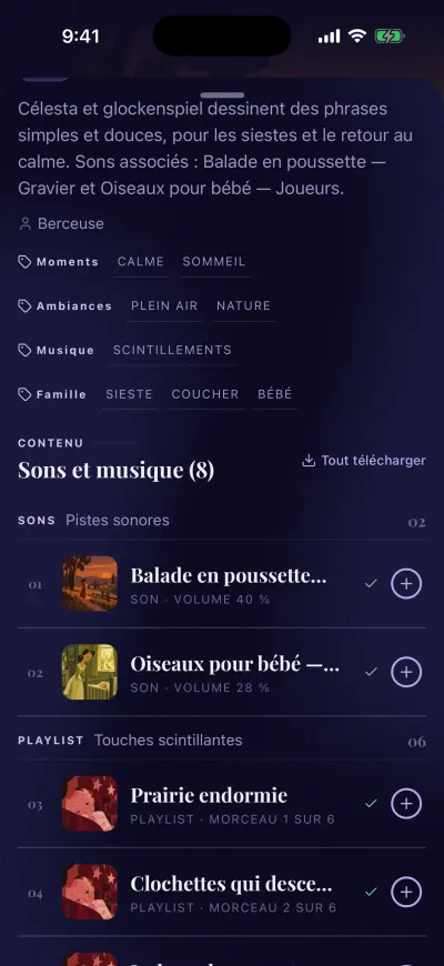 La page d’un mix défilée jusqu’aux sons et à la musique, avec Tout télécharger à droite.